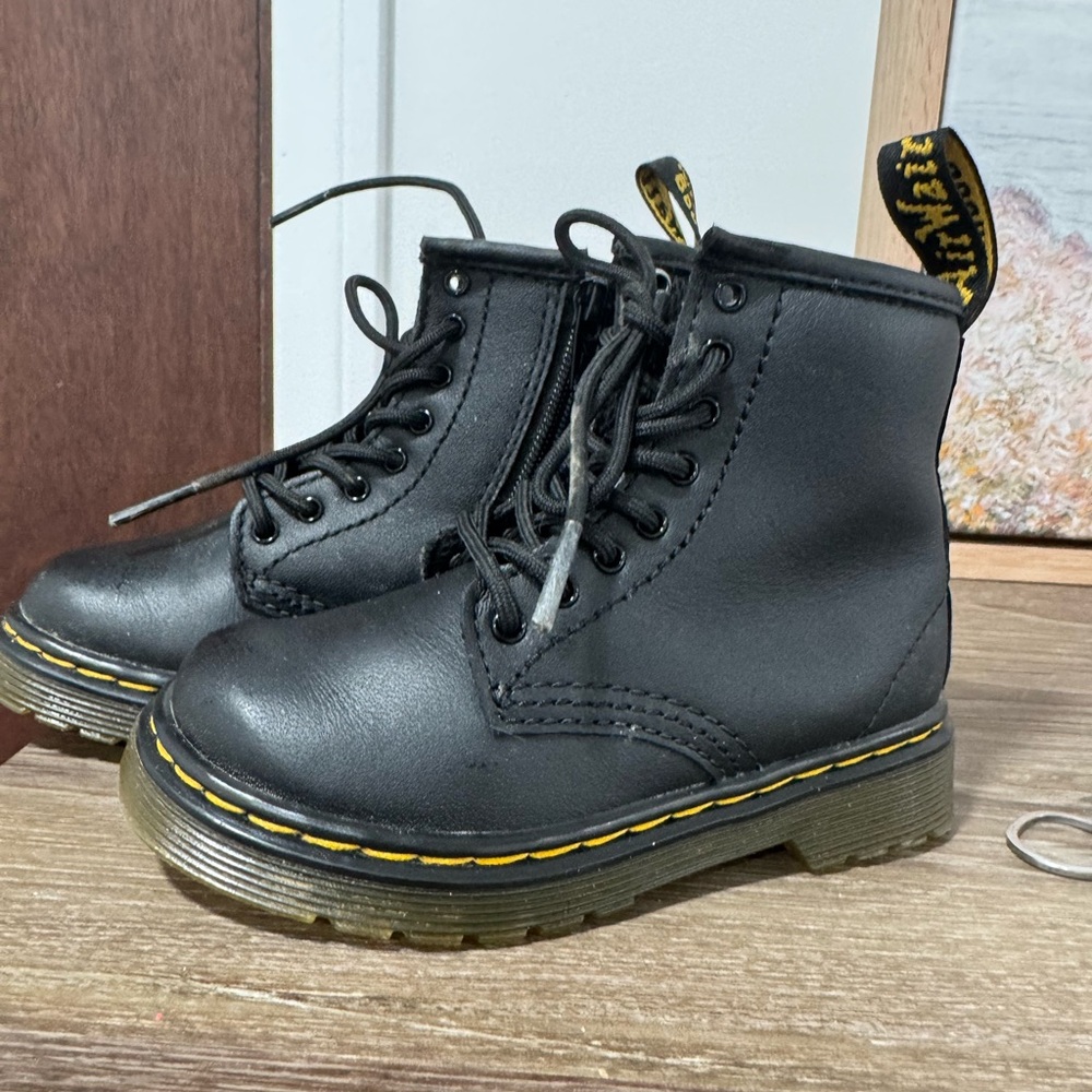 Dr. Martens Black Leather Boots with Yellow Stitching
